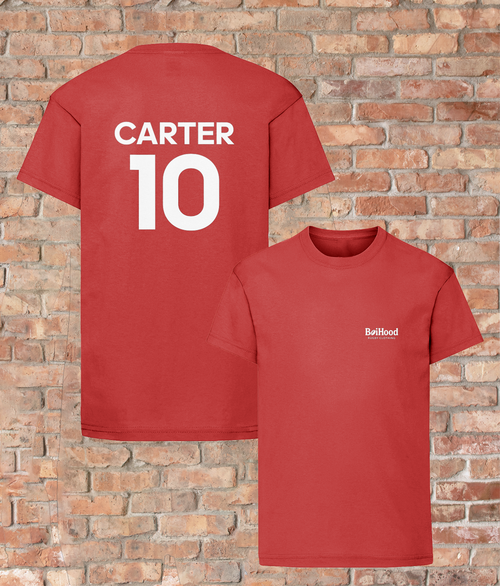 BoiHood Kids Unisex T-Shirt in red featuring 'CARTER 10' on the back, perfect for young rugby fans.