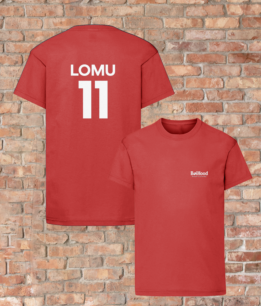 BoiHood Kids Unisex T-Shirt in red featuring 'Lomu 11' design, perfect for rugby fans and stylish casual wear.