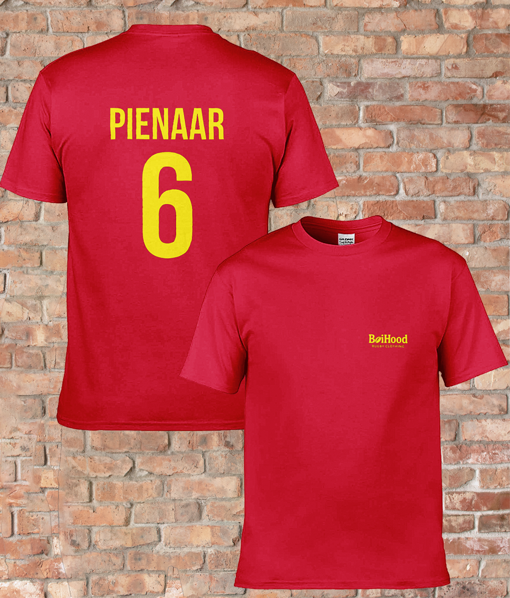 BoiHood Adult Unisex T-Shirt featuring Pienaar 6 on the back, stylish red design perfect for rugby fans.