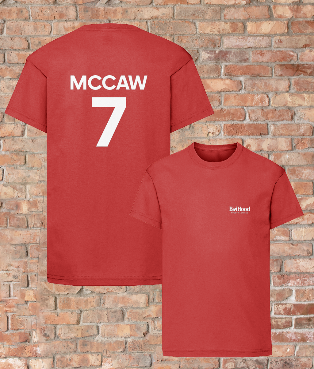BoiHood Kids Unisex T-Shirt in red featuring 'MCCAW' and number '7' on the back, showing rugby style.