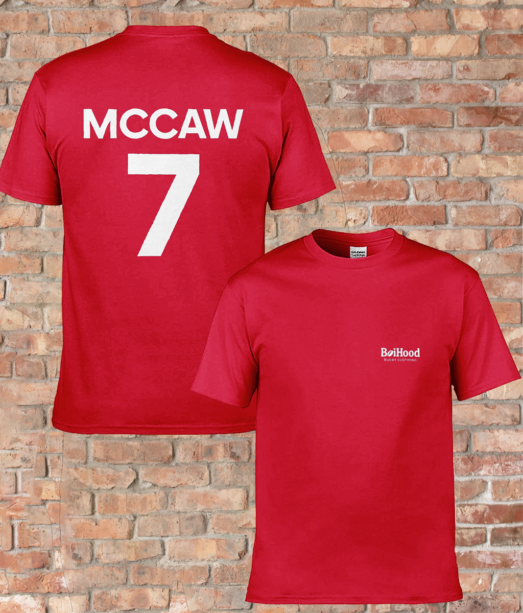 BoiHood Adult Unisex T-Shirt in red featuring 'MCCAW' and number 7, perfect for rugby fans.