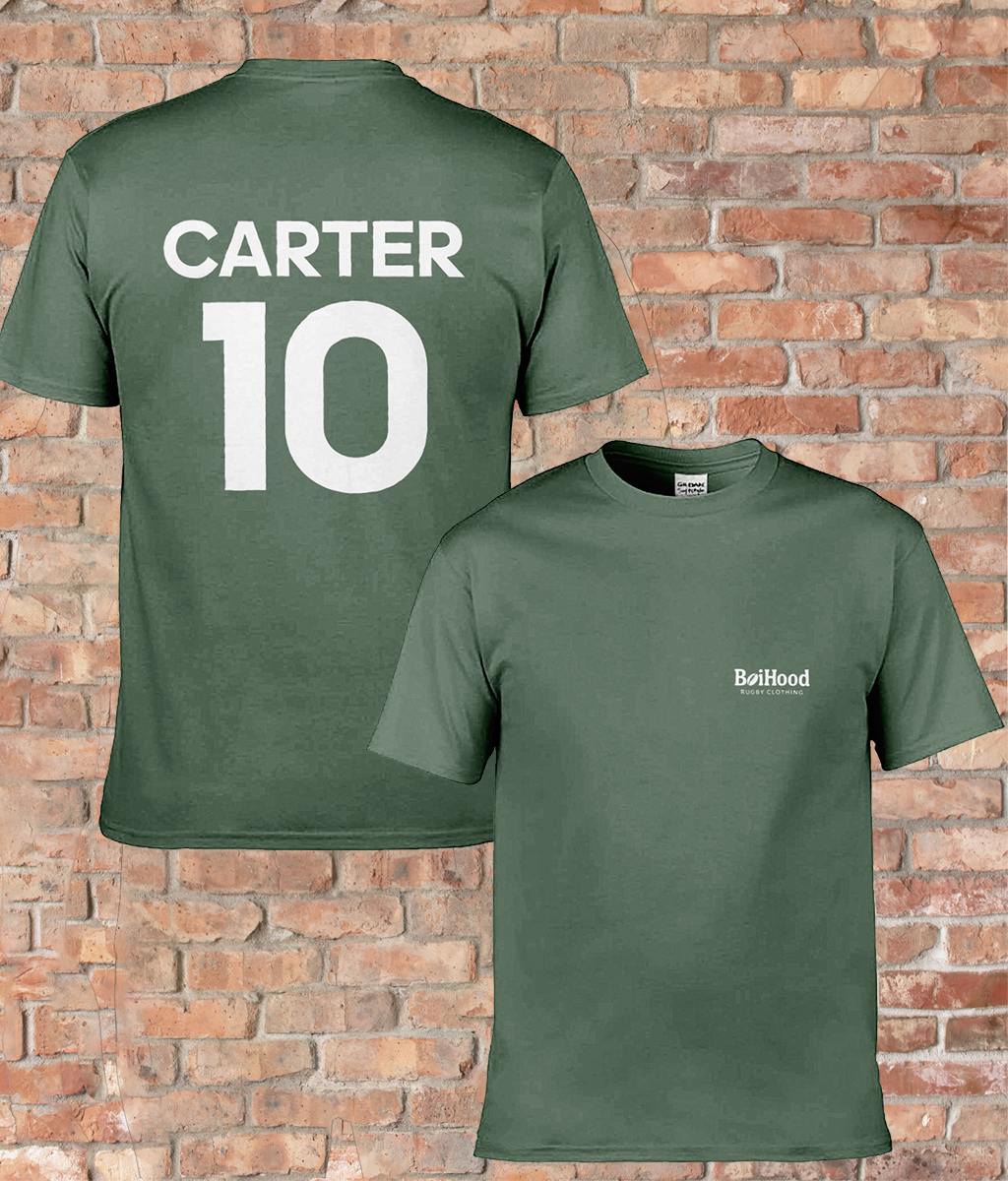 BoiHood Adult Unisex T-Shirt featuring 'CARTER 10' on the back, perfect for rugby fans and stylish casual wear.
