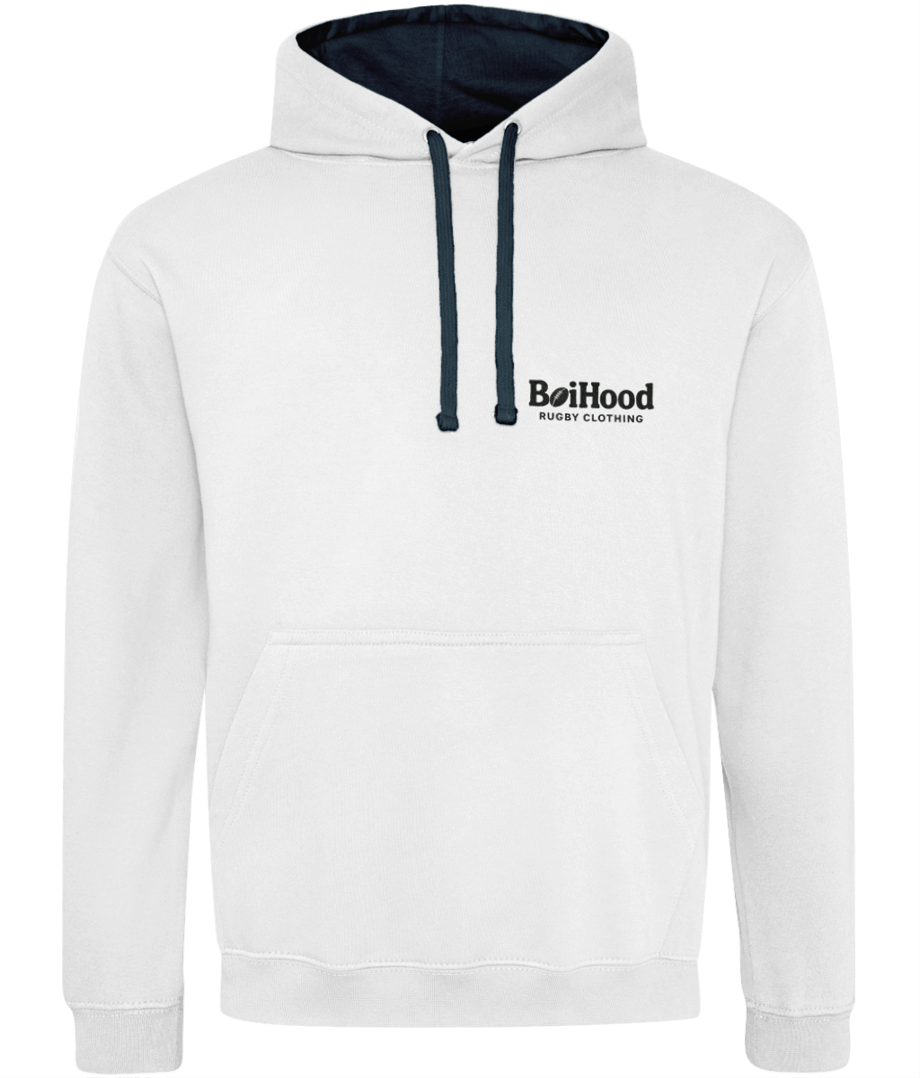 BoiHood quality men's hoodie in white with navy accents and logo, perfect for casual wear.