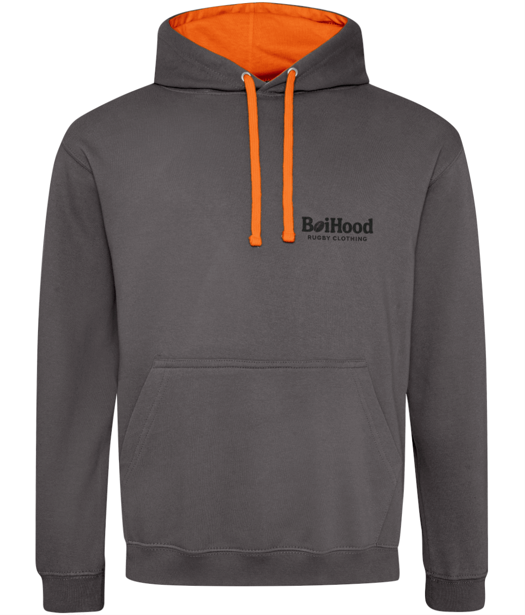 Gray BoiHood hoodie with orange accents, perfect for casual wear and customizable style.
