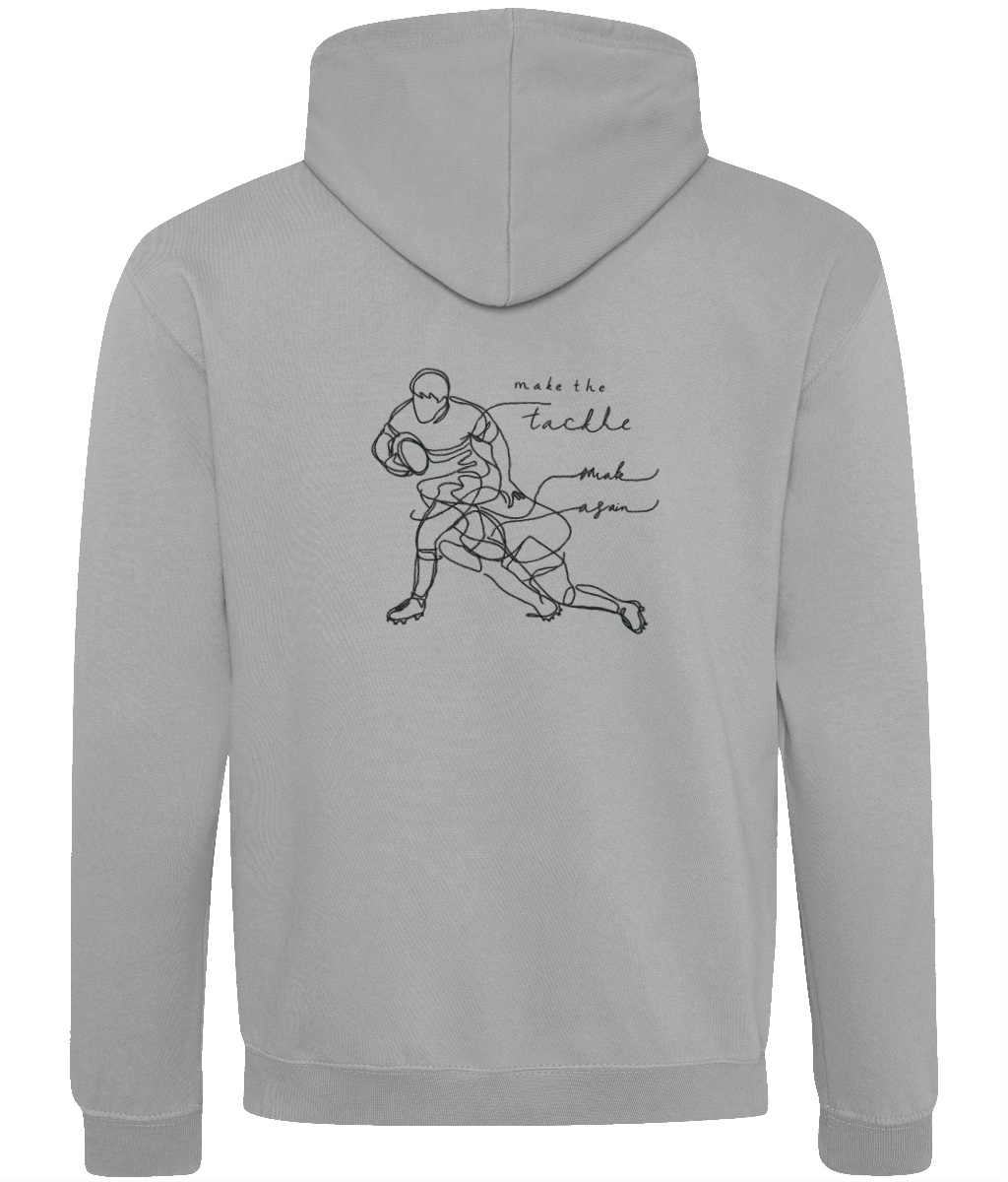 Back view of men's hoodie 'Make The Tackle' featuring a rugby graphic and stylish design in soft cotton fabric.