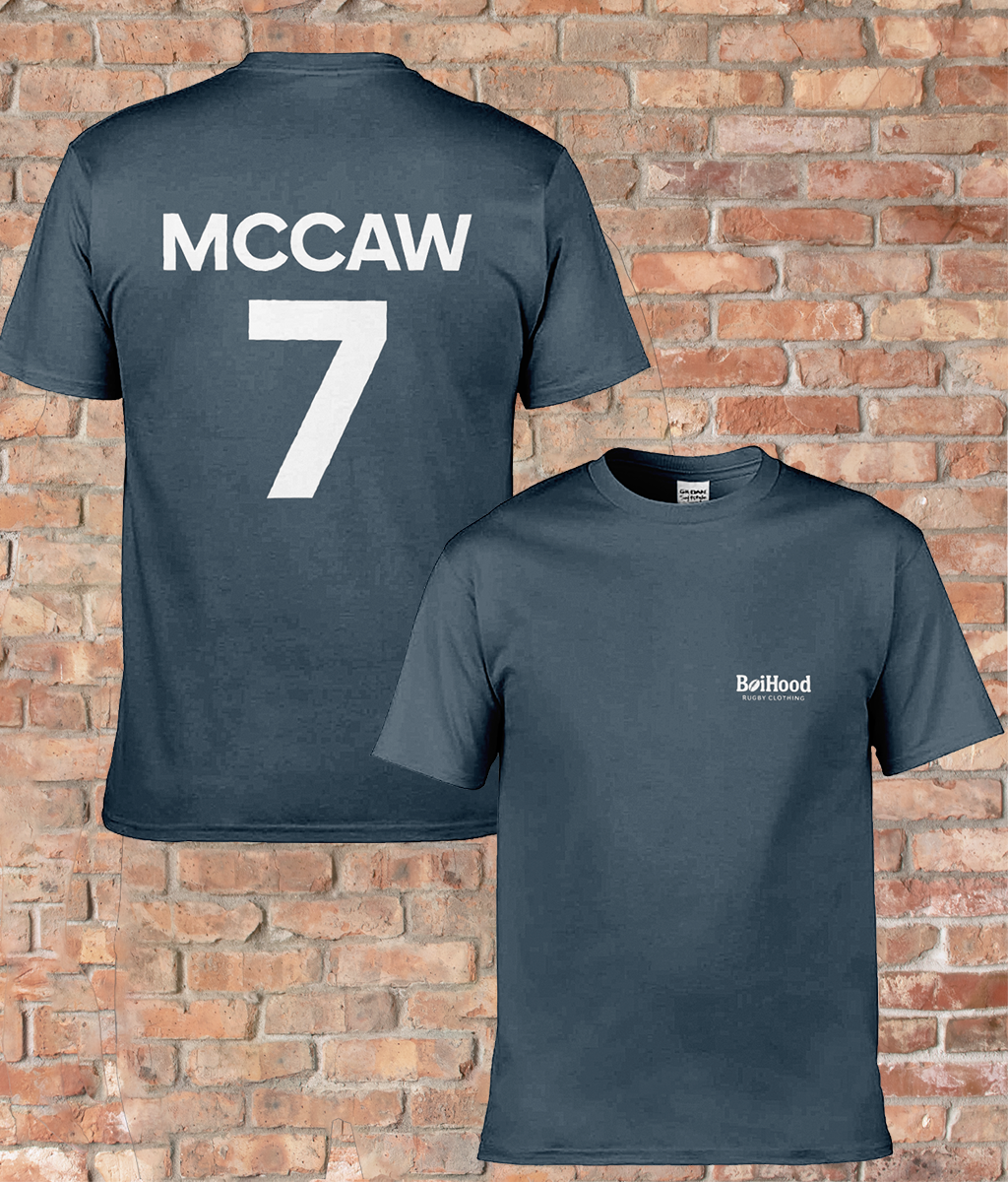 BoiHood Adult Unisex T-Shirt featuring 'MCCAW 7' on the back, perfect for rugby fans and casual outings.