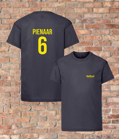 BoiHood Kids Unisex T-Shirt featuring 'Pienaar 6' design on a brick wall background.
