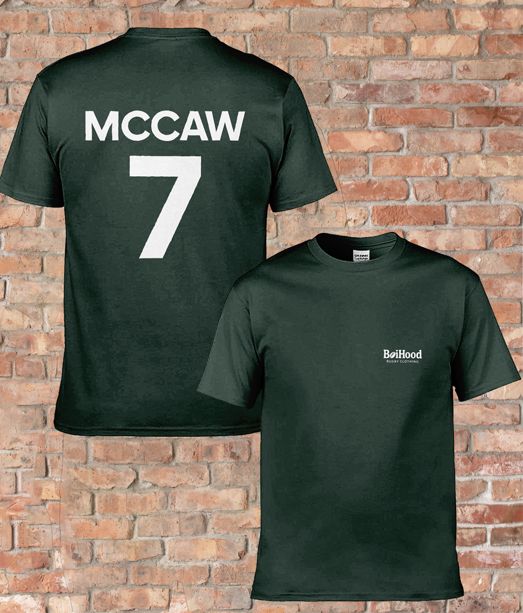 BoiHood Adult Unisex T-Shirt in dark green featuring 'MCCAW' and number 7, perfect for rugby fans.