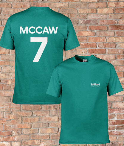 BoiHood unisex T-shirt showcasing McCaw #7 on back, perfect for rugby fans and casual wear.