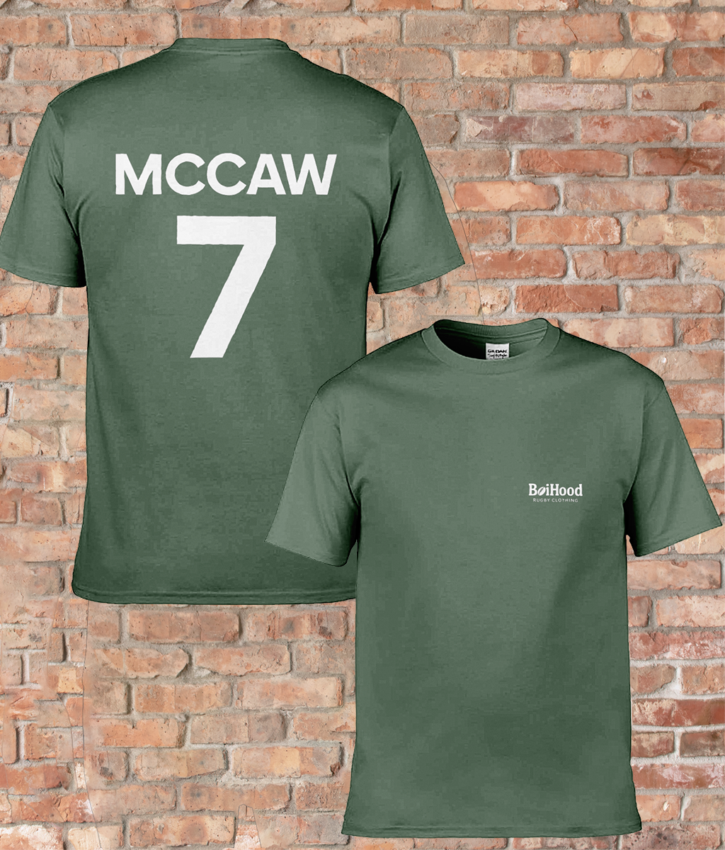 BoiHood Adult Unisex T-Shirt featuring 'MCCAW 7' on back, perfect for rugby fans and stylish wear.