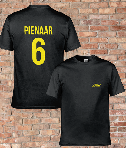 BoiHood black unisex T-shirt featuring 'Pienaar 6' print on the back against a brick wall.