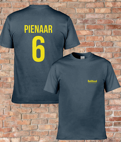 BoiHood Adult Unisex T-Shirt featuring 'Pienaar 6' design on a gray background, perfect for rugby fans.