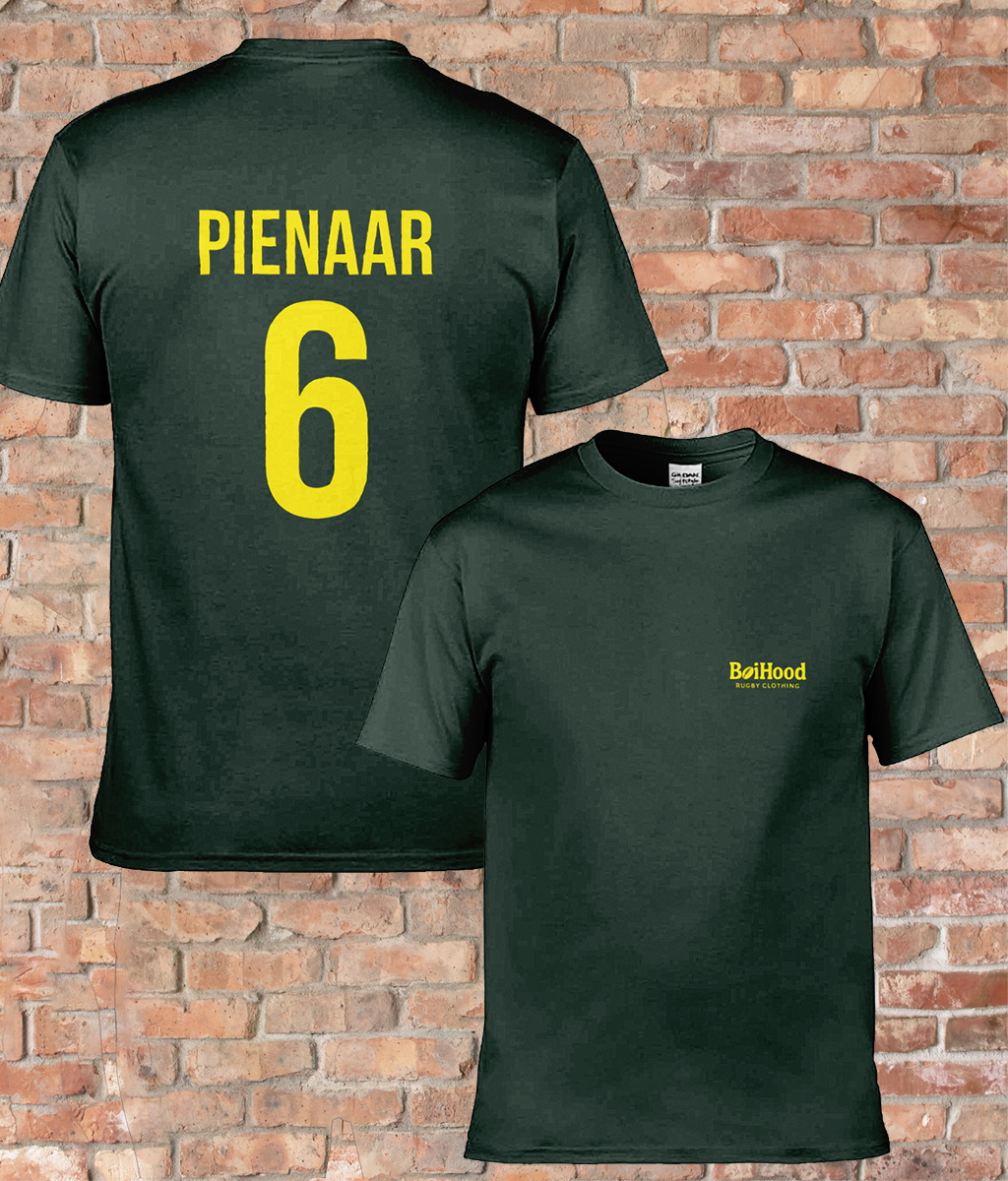 BoiHood Adult Unisex T-Shirt featuring Pienaar #6, in black with yellow print, perfect for rugby fans.