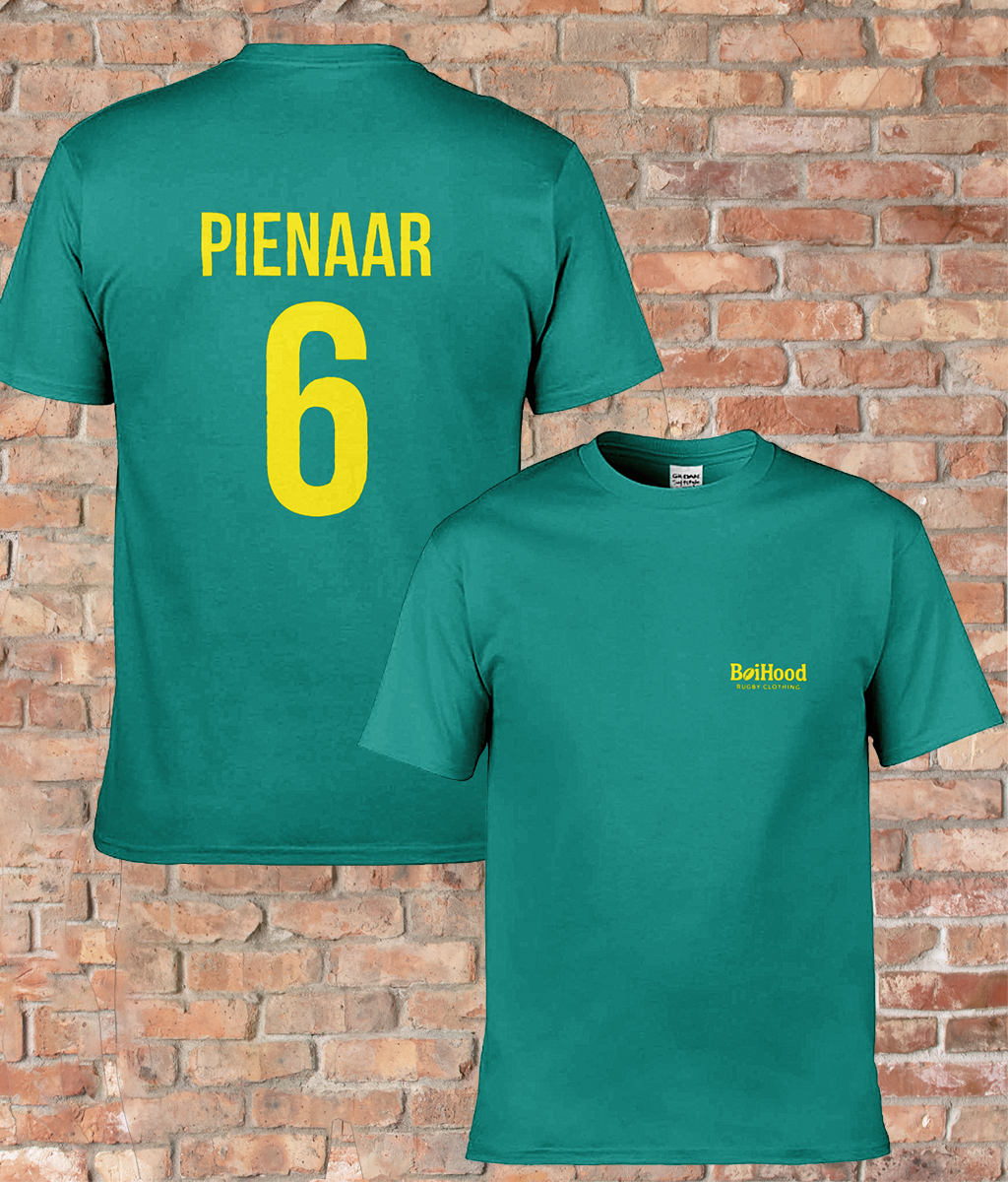 BoiHood unisex T-shirt featuring 'PIENAAR 6' print on the back and logo on the front, perfect for rugby fans.