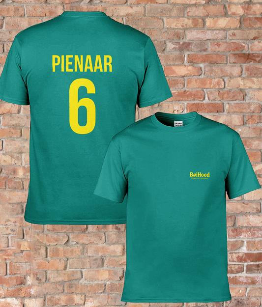 BoiHood unisex T-shirt featuring 'PIENAAR 6' print on the back and logo on the front, perfect for rugby fans.