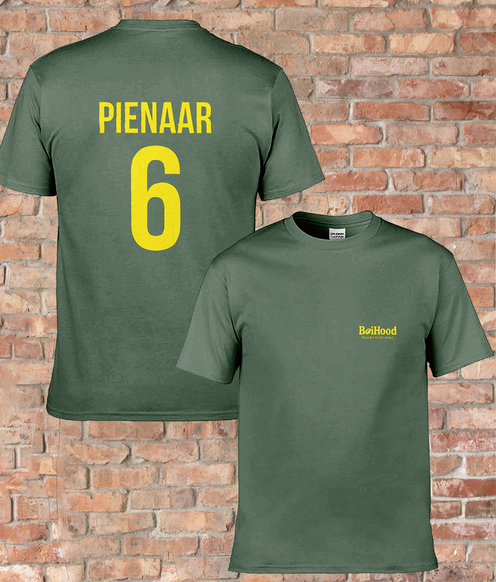 BoiHood Adult Unisex T-Shirt featuring Pienaar #6, green color, perfect for rugby fans and casual wear.