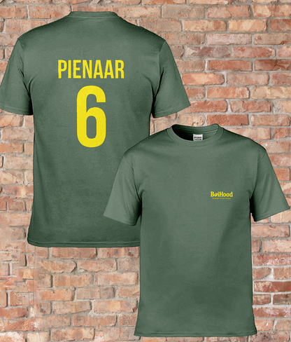 BoiHood Adult Unisex T-Shirt featuring Pienaar #6, green color, perfect for rugby fans and casual wear.