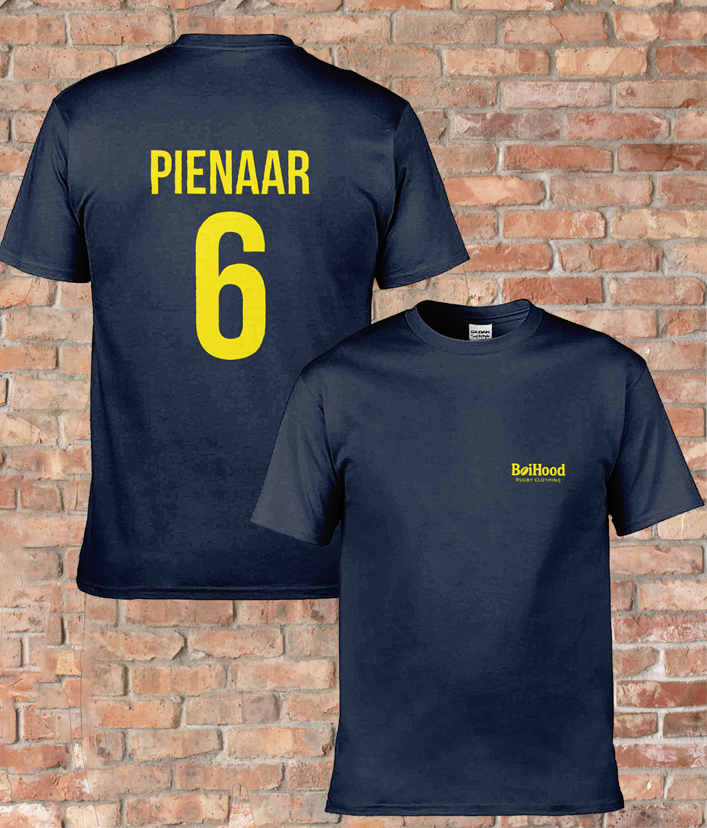 BoiHood adult unisex t-shirt featuring 'PIENAAR' and number 6, perfect for rugby fans and casual wear.