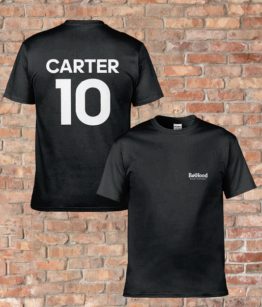 BoiHood Adult Unisex T-Shirt featuring 'CARTER 10' on the back against a brick wall background.