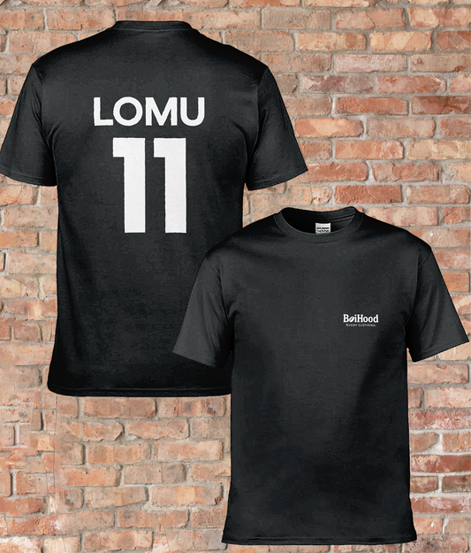 BoiHood Adult Unisex T-Shirt Rugby Legends featuring Lomu and number 11 on a black tee, perfect for rugby fans.