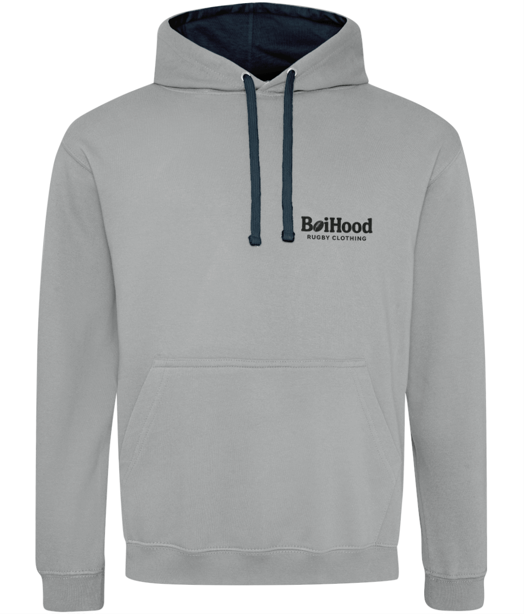 Men's BoiHood 'Make The Tackle' hoodie, grey with navy accents, perfect for casual style and comfort.