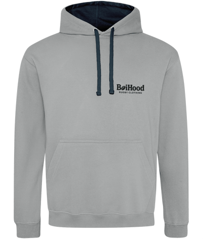 Men's BoiHood 'Make The Tackle' hoodie, grey with navy accents, perfect for casual style and comfort.