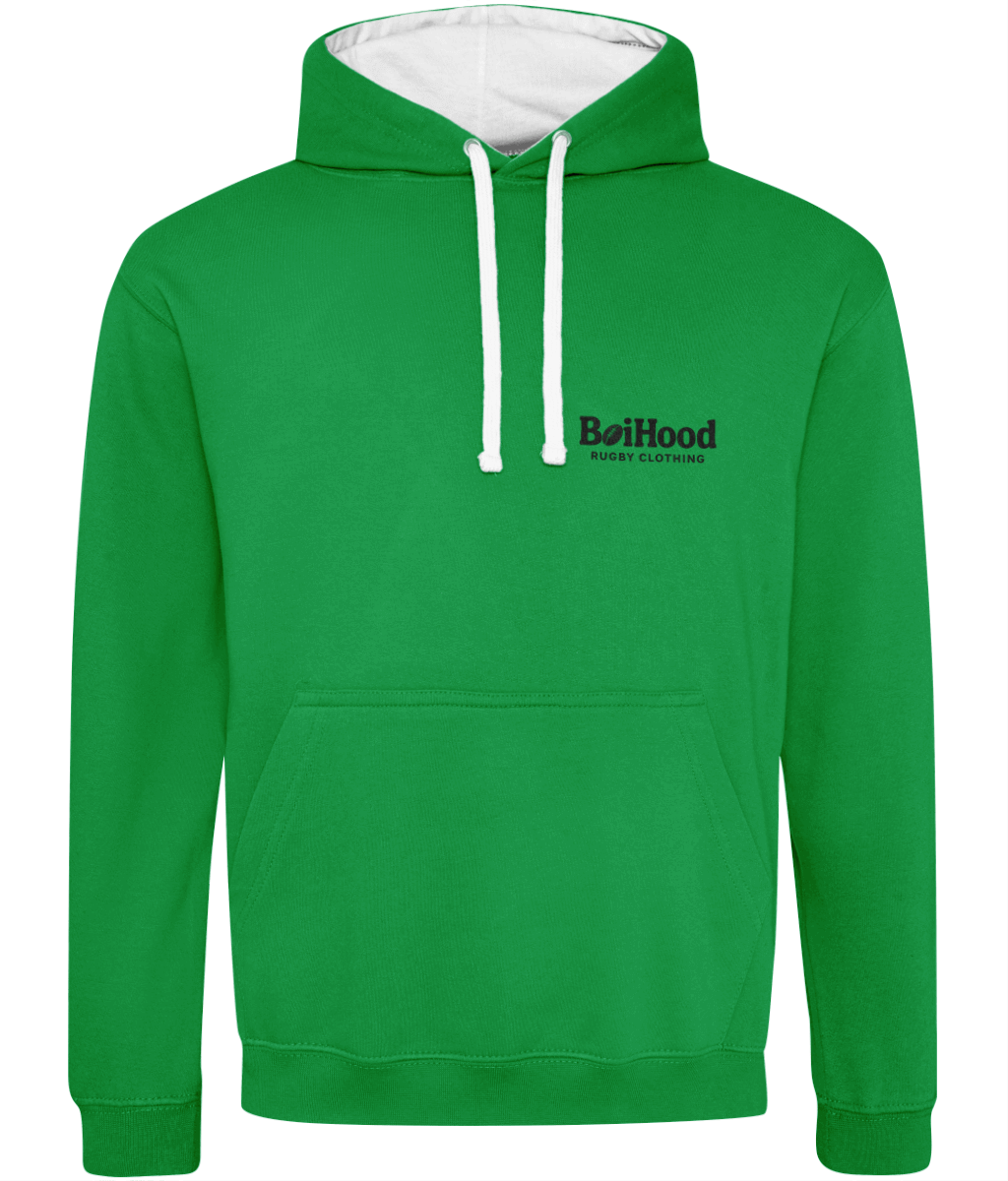 Green BoiHood hoodie with contrasting hood, soft fabric, perfect for casual days and customizable style.