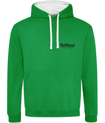 Green BoiHood hoodie with contrasting hood, soft fabric, perfect for casual days and customizable style.
