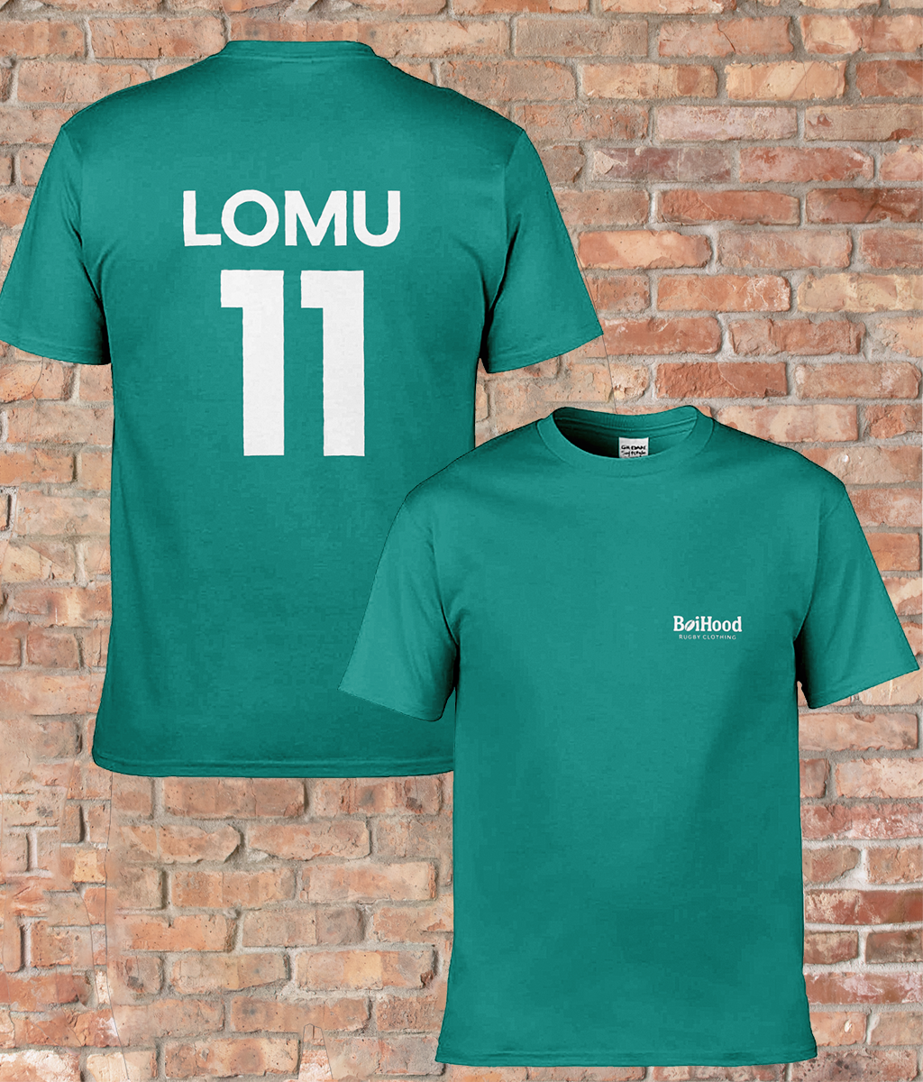 BoiHood Adult Unisex T-Shirt in teal featuring 'Lomu' and the number '11' on the back, against a brick wall.