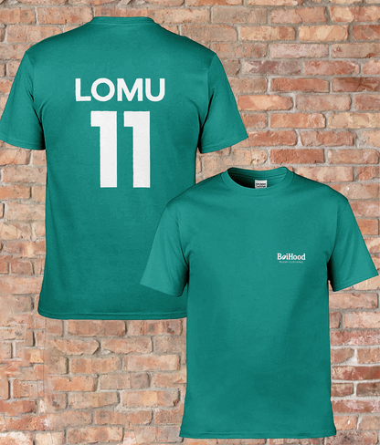 BoiHood Adult Unisex T-Shirt in teal featuring 'Lomu' and the number '11' on the back, against a brick wall.