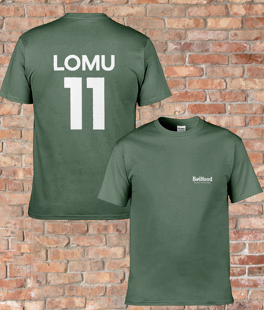 BoiHood Adult Unisex T-Shirt 'Rugby Legends' featuring Lomu #11 design on a stylish green background.