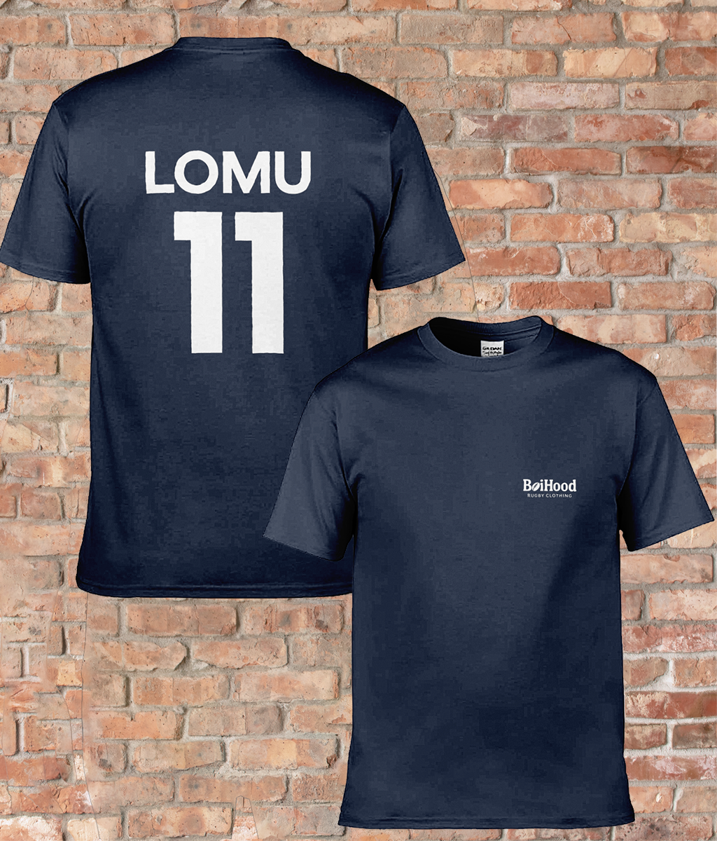 BoiHood Adult Unisex T-Shirt in navy featuring 'Lomu' and number 11, a tribute to rugby legend Jonah Lomu.