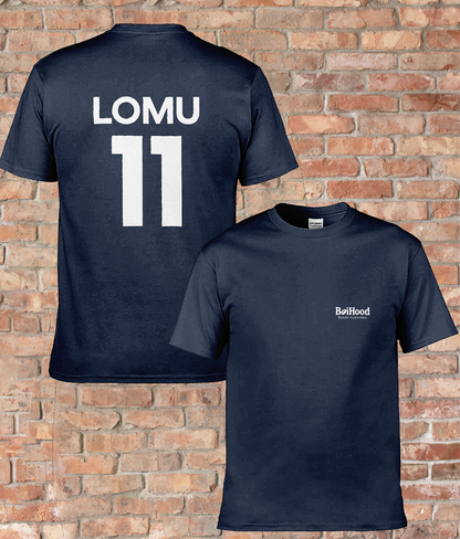 BoiHood Adult Unisex T-Shirt in navy featuring 'Lomu' and number 11, a tribute to rugby legend Jonah Lomu.