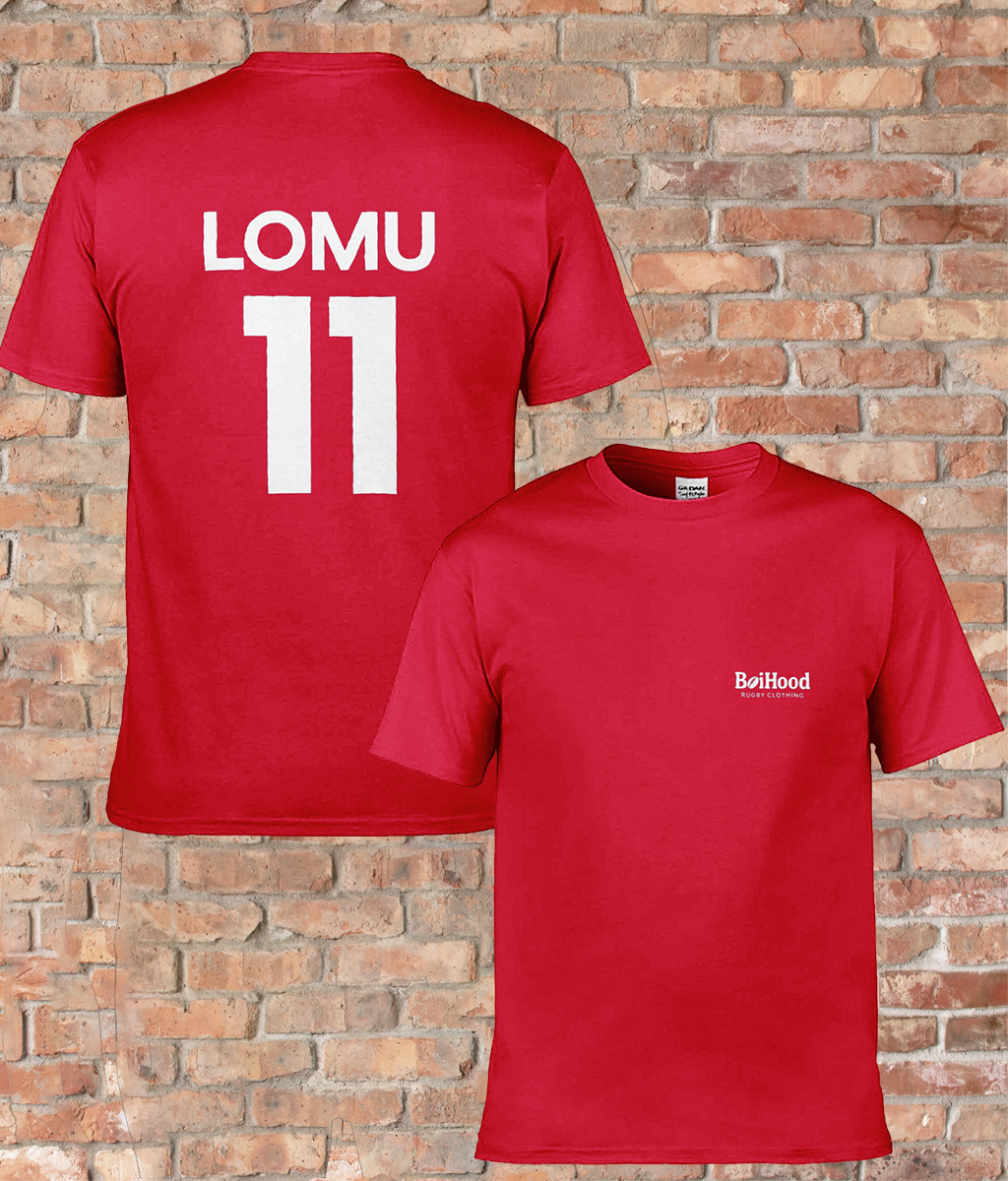 BoiHood Adult Unisex T-Shirt in red featuring Lomu #11 on the back, perfect for rugby fans and sports enthusiasts.