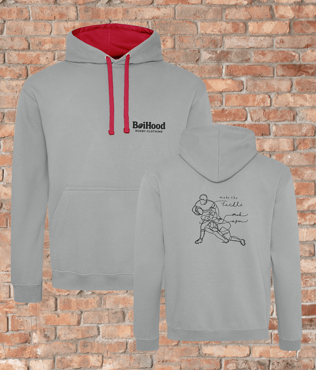 BoiHood men's hoodie 'Make The Tackle' in grey with red accents, featuring player illustration on back.