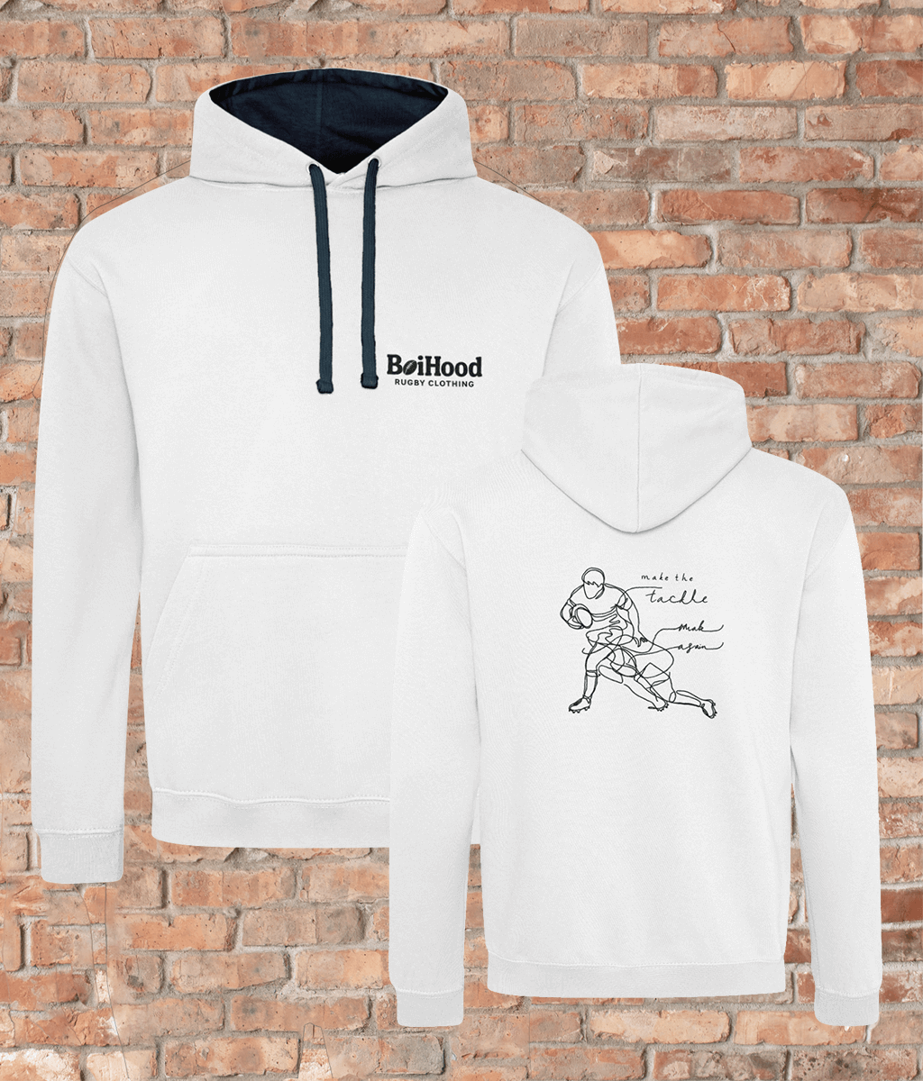 Front and back view of BoiHood Men's Hoodie 'Make The Tackle' on a brick background, showcasing its design and style.