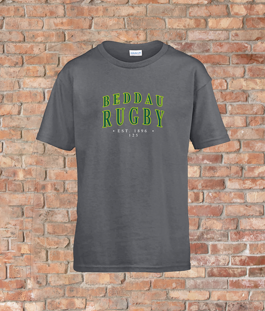 Youth unisex t-shirt with Beddau Rugby logo in green and yellow on grey ringspun fabric