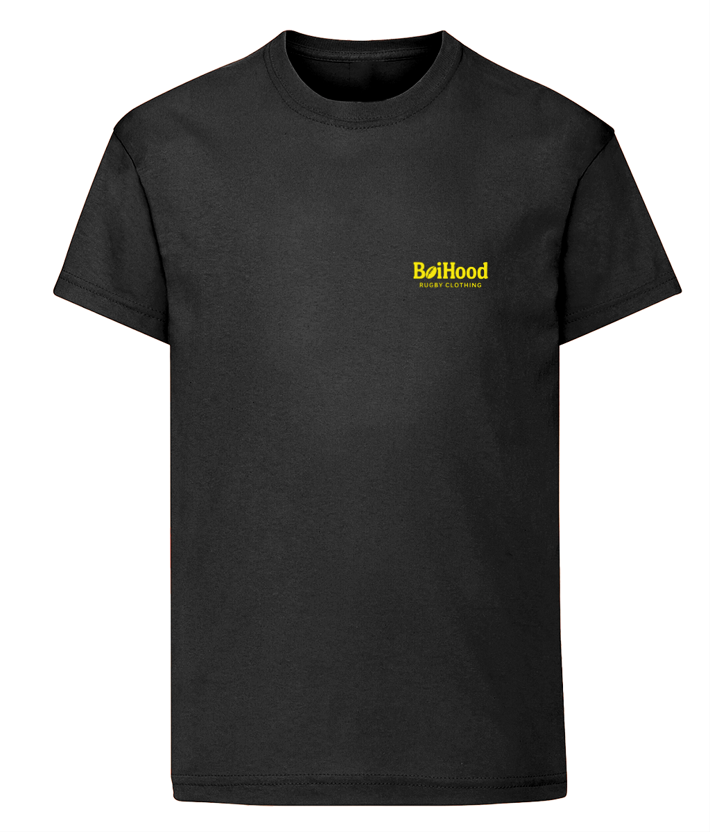 BoiHood Kids Unisex T-Shirt in black with yellow logo, perfect for rugby fans and casual wear.