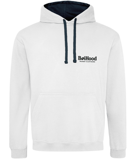 BoiHood quality men's hoodie in white with navy accents and logo, perfect for casual wear.