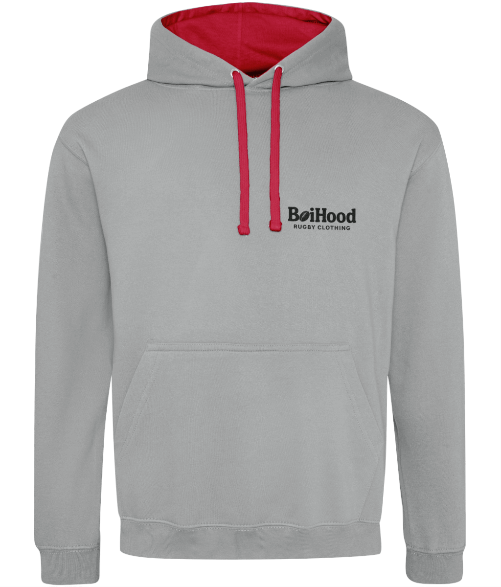 Quality BoiHood men's hoodie in gray with red accents, featuring soft fabric and stylish design.