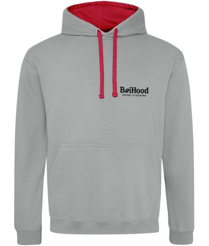 Quality BoiHood men's hoodie in gray with red accents, featuring soft fabric and stylish design.
