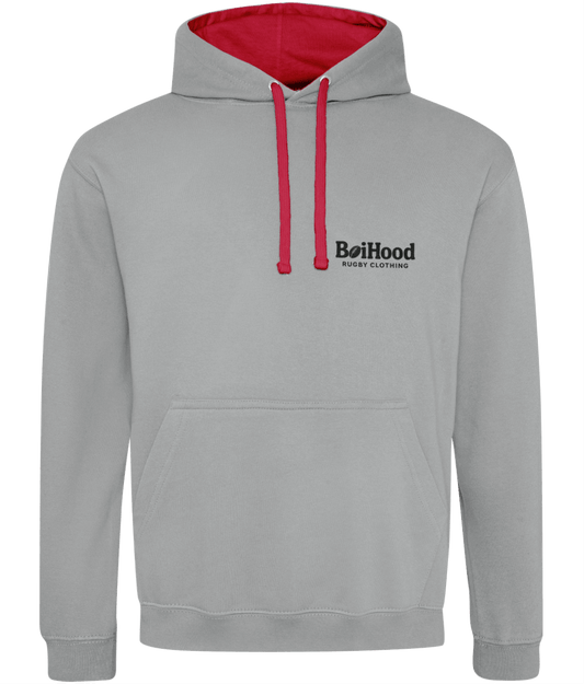 Quality BoiHood men's hoodie in gray with red accents, featuring soft fabric and stylish design.