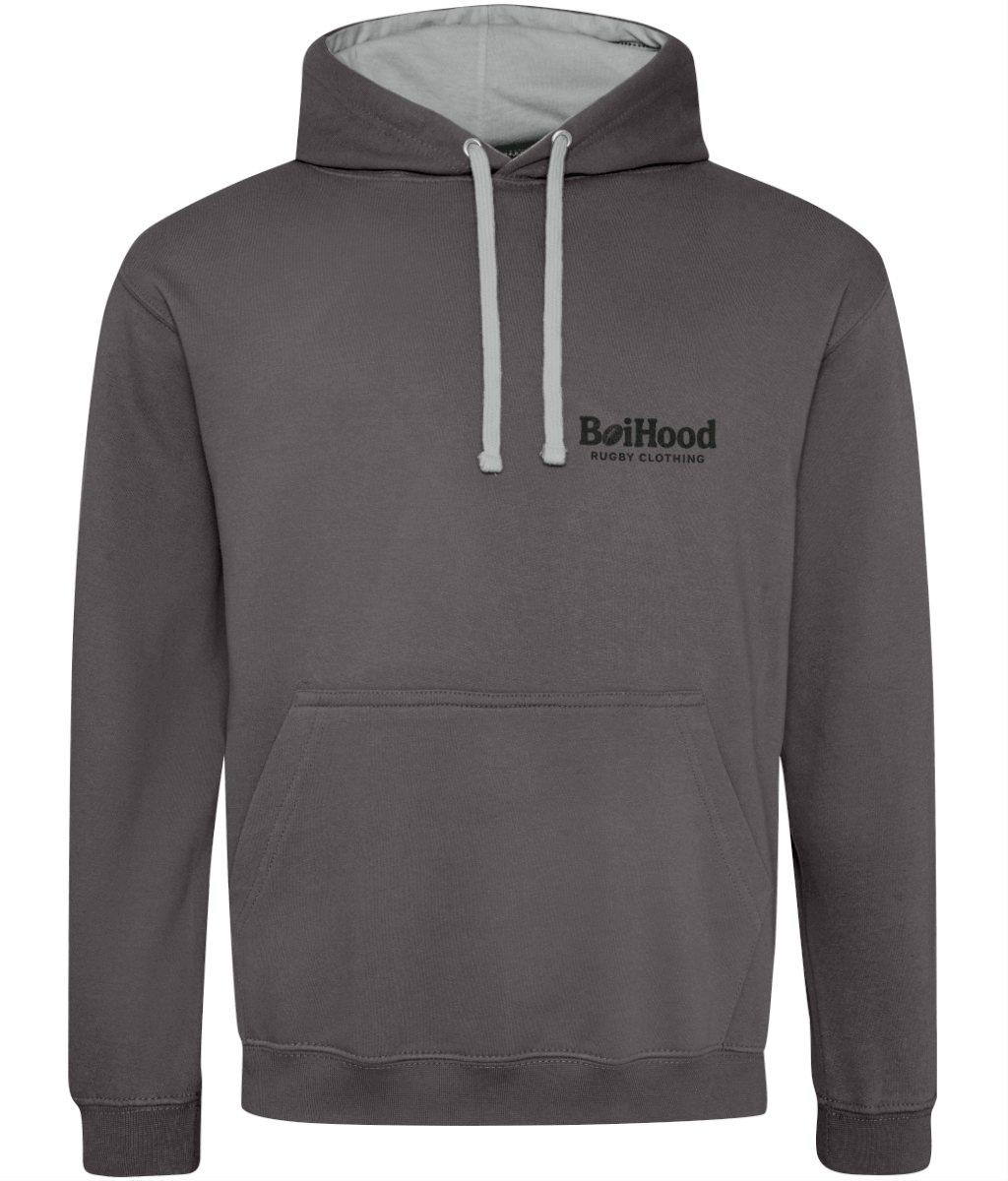 BoiHood quality men's hoodie in grey with logo, soft cotton fabric, perfect for casual wear and style customization.