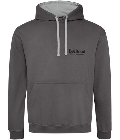 BoiHood quality men's hoodie in grey with logo, soft cotton fabric, perfect for casual wear and style customization.
