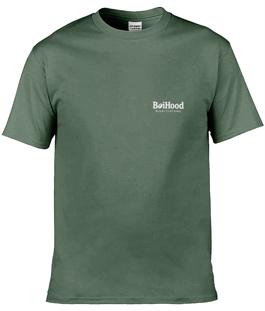 BoiHood Adult Unisex T-Shirt in olive green, featuring Rugby Legends logo for sports enthusiasts.