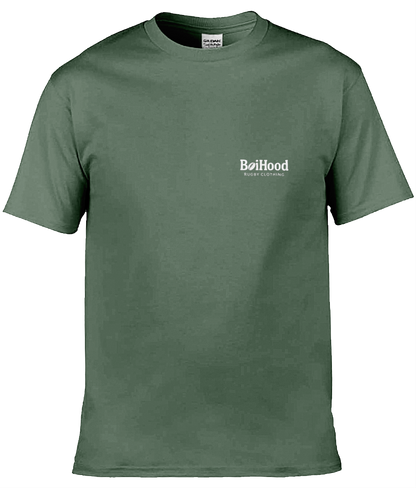 BoiHood Adult Unisex T-Shirt in olive green, featuring Rugby Legends logo for sports enthusiasts.