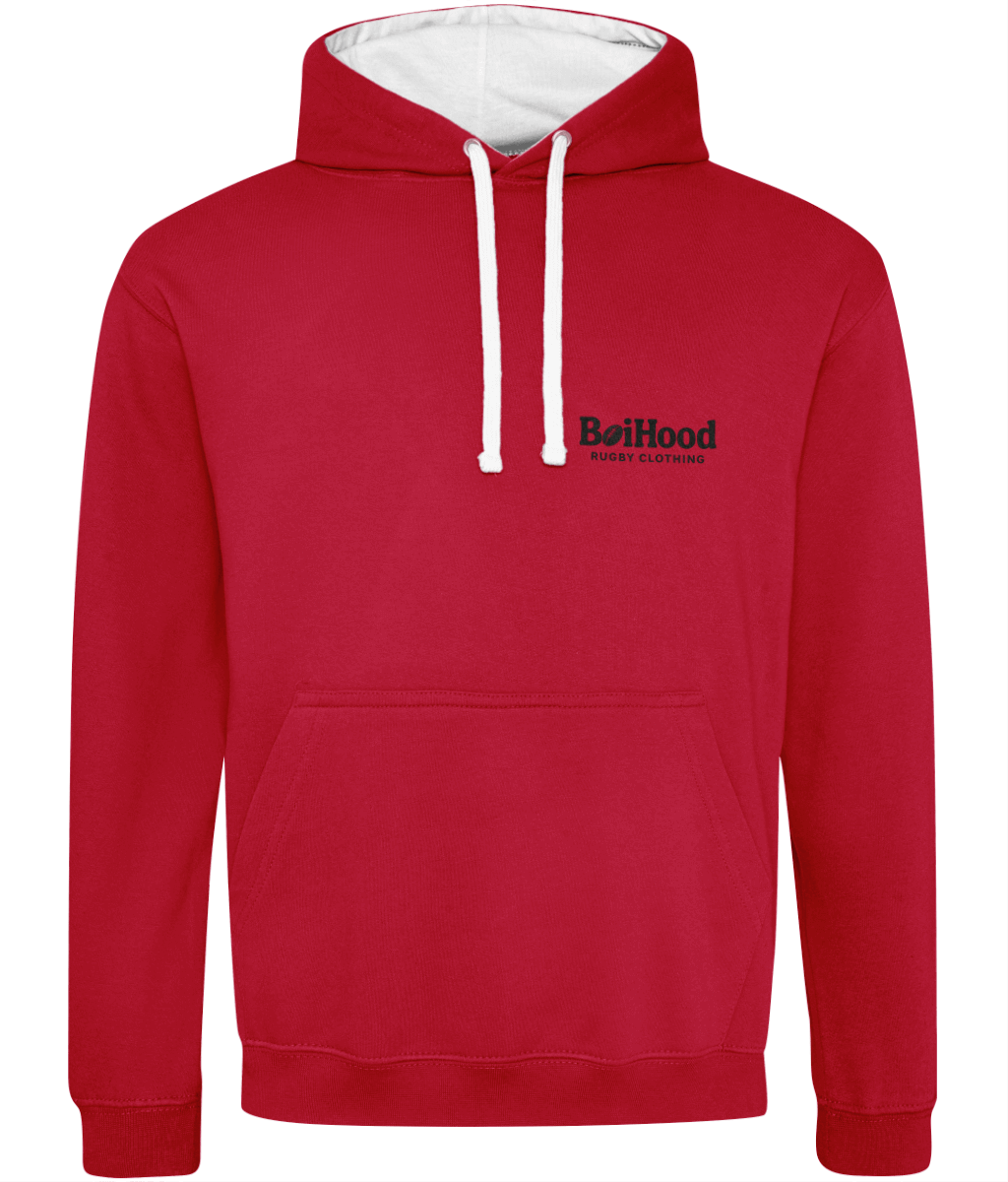 Red BoiHood men's hoodie with white drawstrings and logo, perfect for casual and comfortable wear.