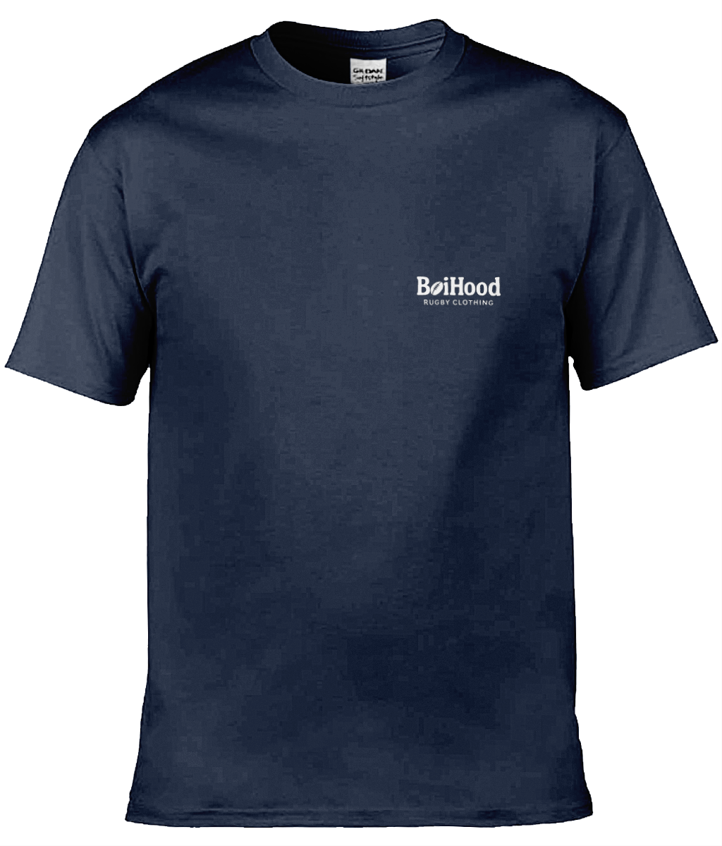 BoiHood Adult Unisex T-Shirt in navy, featuring stylish Rugby Legends logo for fans of the sport.