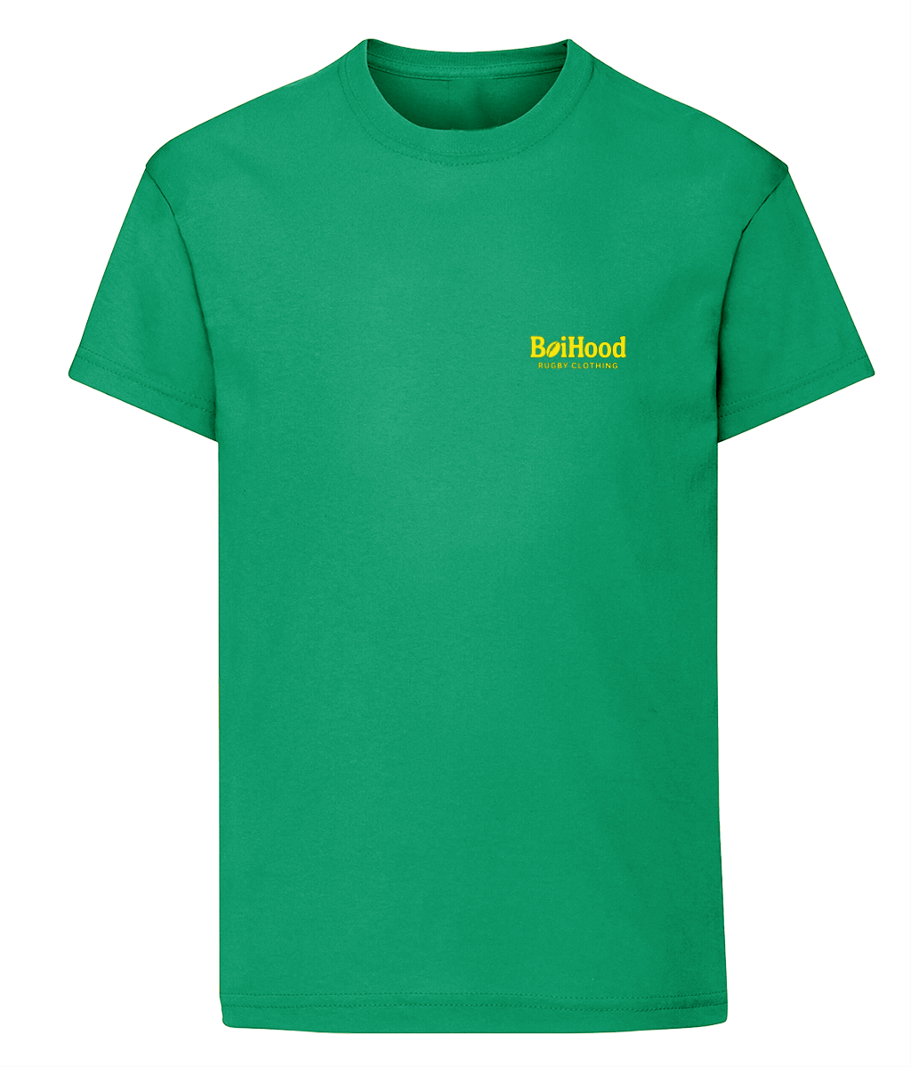 BoiHood Kids Unisex T-Shirt in green featuring 'Rugby Legends' logo, perfect for young rugby fans.