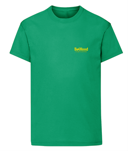 BoiHood Kids Unisex T-Shirt in green featuring 'Rugby Legends' logo, perfect for young rugby fans.